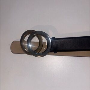 INC Women’s Black Leather Two-Tone Mixed Metal Double Circle Buckle Belt